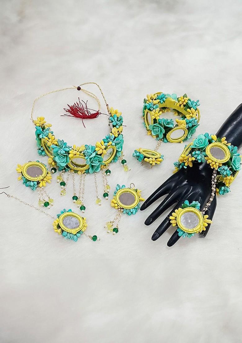 Gold Plated Beaded Bridal Floral Haldi Jewellery Set