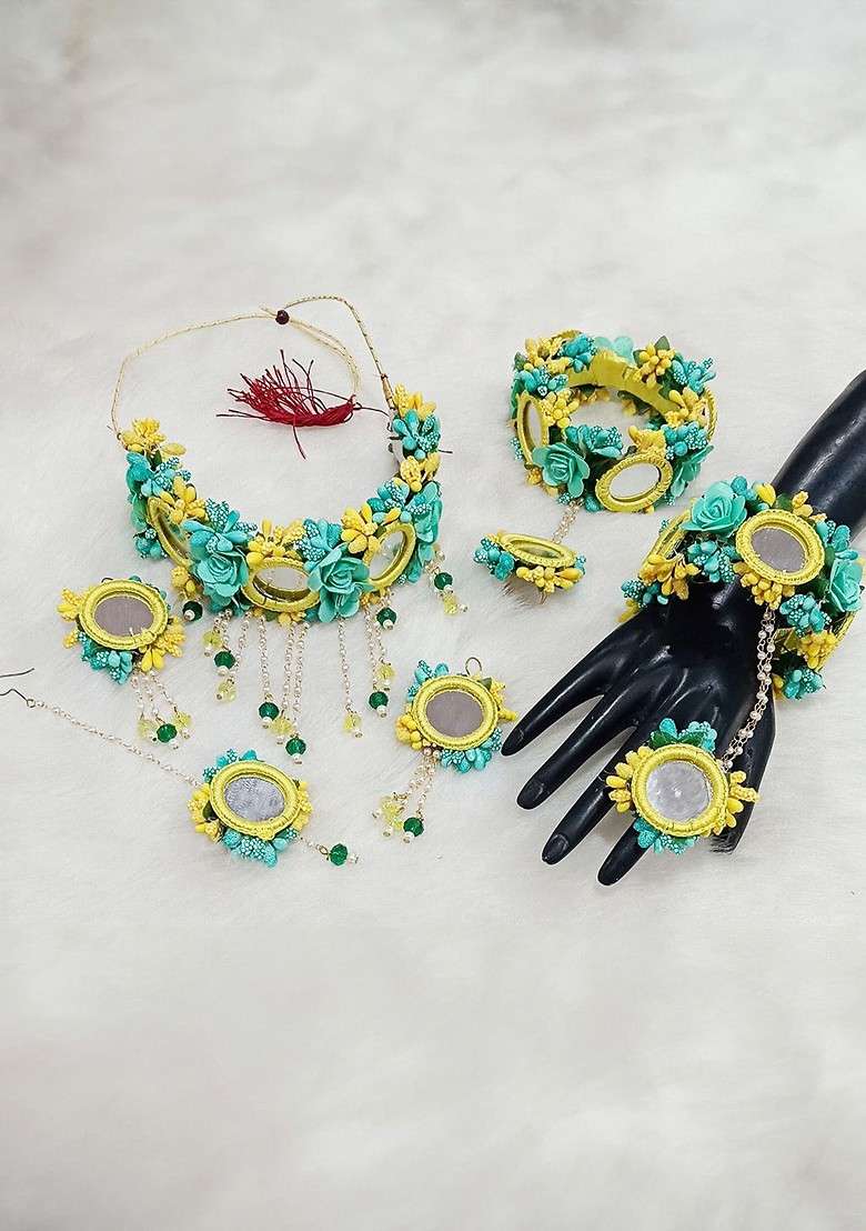 Gold Plated Beaded Bridal Floral Haldi Jewellery Set - Indya