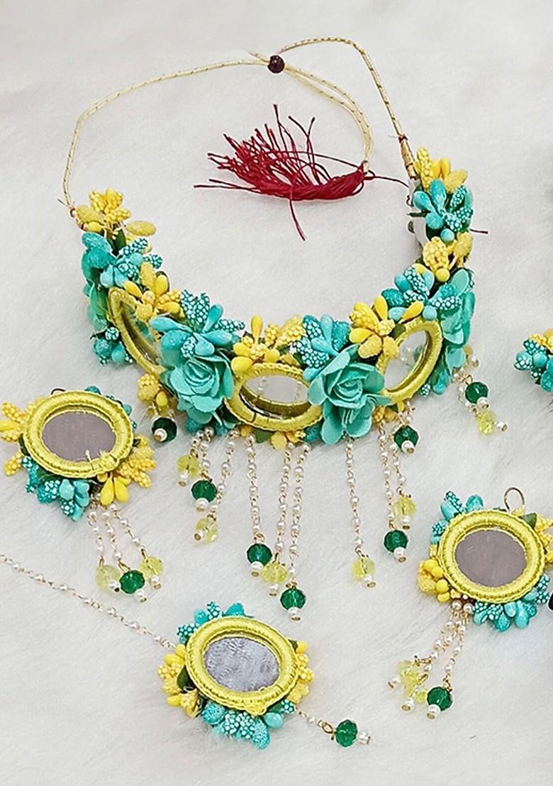 Gold Plated Beaded Bridal Floral Haldi Jewellery Set