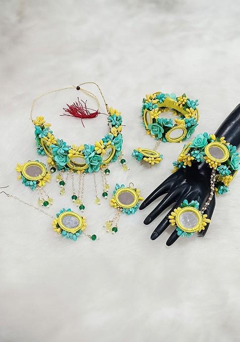 Gold Plated Beaded Bridal Floral Haldi Jewellery Set