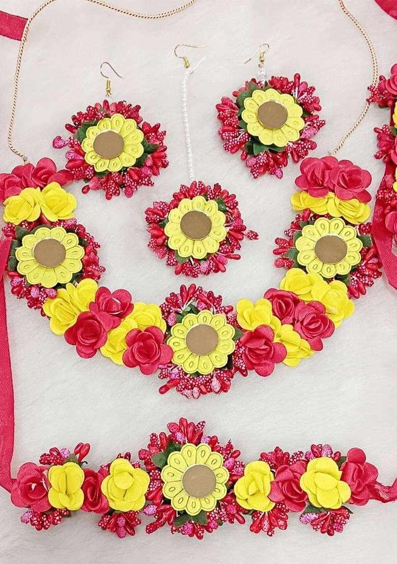 Gold Plated Beaded Bridal Floral Haldi Jewellery Set - Indya