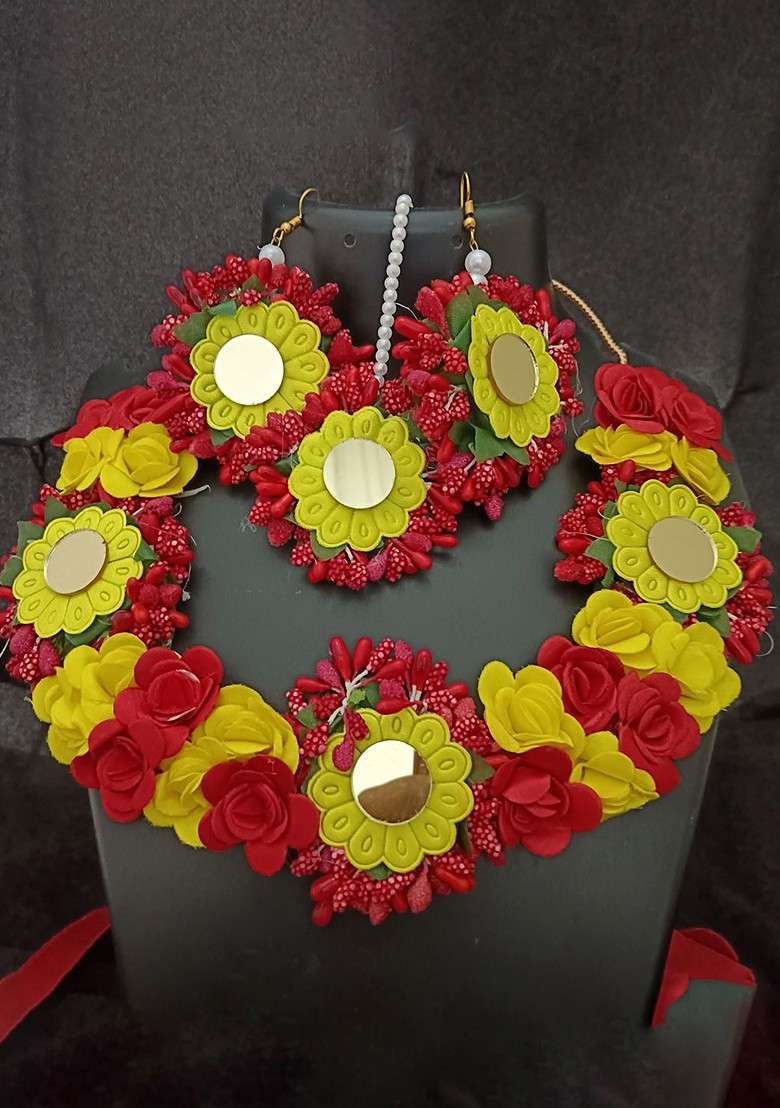 Gold Plated Beaded Bridal Floral Haldi Jewellery Set - Indya