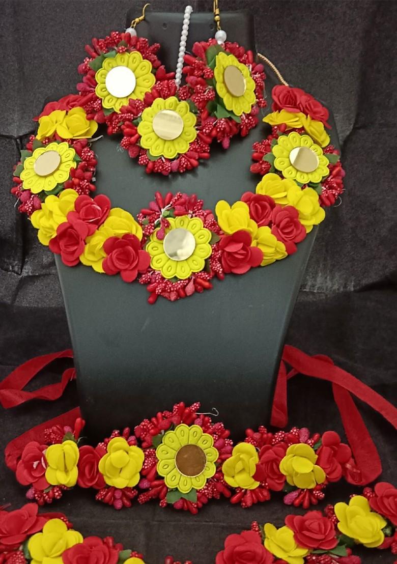 Gold Plated Beaded Bridal Floral Haldi Jewellery Set