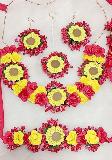 Gold Plated Beaded Bridal Floral Haldi Jewellery Set