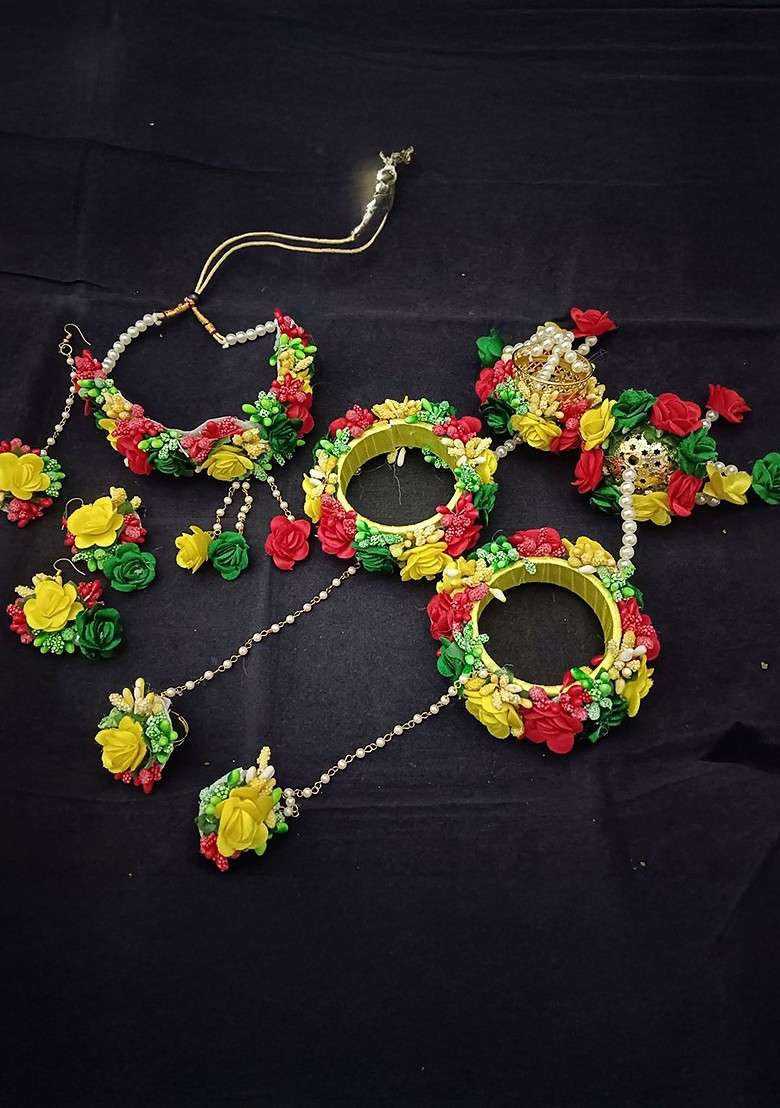 Gold Plated Beaded Bridal Floral Haldi Jewellery Set - Indya