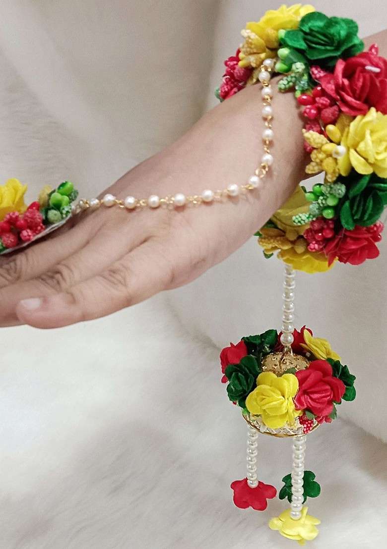 Gold Plated Beaded Bridal Floral Haldi Jewellery Set - Indya