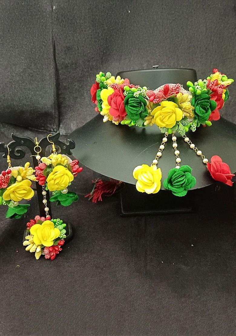 Gold Plated Beaded Bridal Floral Haldi Jewellery Set