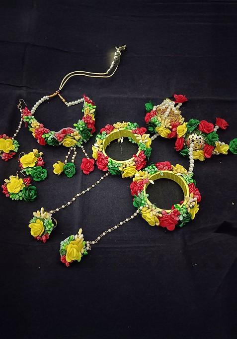 Gold Plated Beaded Bridal Floral Haldi Jewellery Set