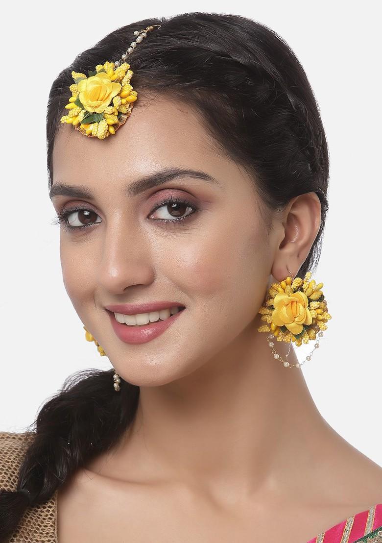 Gold Plated Flower Haldi Mehandi Maang Tikka With Earrings