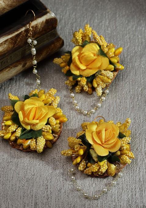 Gold Plated Flower Haldi Mehandi Maang Tikka With Earrings