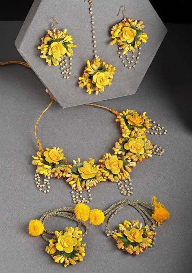 Pearls Beaded Flower Haldi Jewellery Set - Indya