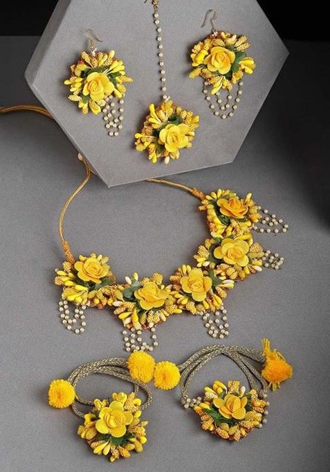 Pearls Beaded Flower Haldi Jewellery Set