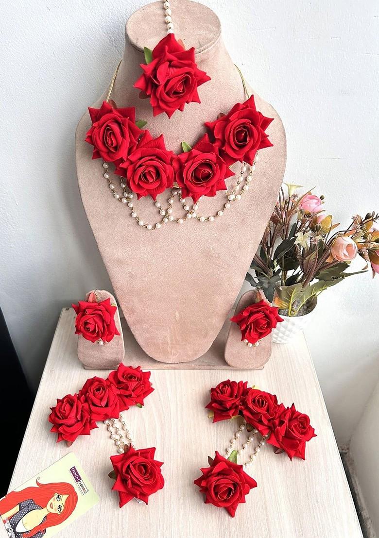 Pearls Beaded Rose Flower Haldi Jewellery Set