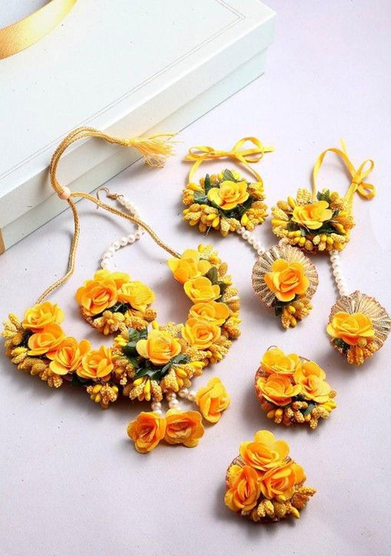 Pearls Beaded Flower Gota Patti Haldi And Mehendi Jewellery Set