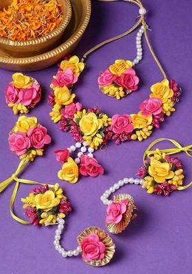 Pearls Beaded Flower Gota Patti Haldi Jewellery Set