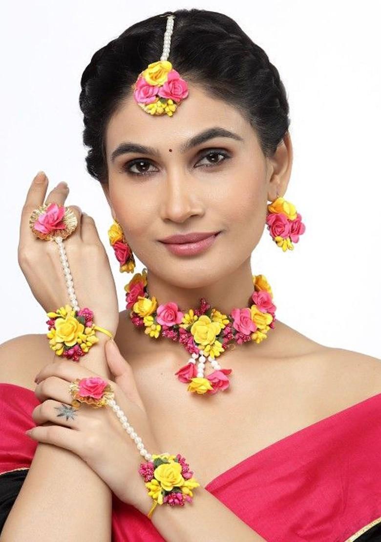 Pearls Beaded Flower Gota Patti Haldi Jewellery Set
