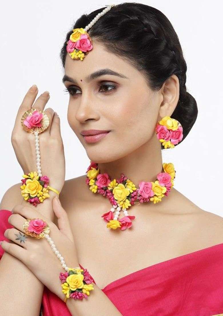 Pearls Beaded Flower Gota Patti Haldi Jewellery Set - Indya