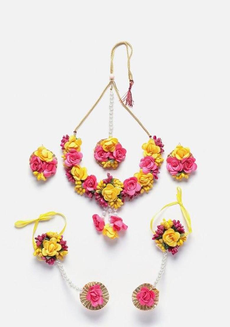 Pearls Beaded Flower Gota Patti Haldi Jewellery Set