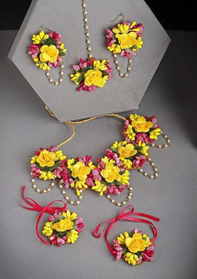Pearls Beaded Flower Gota Patti Haldi Jewellery Set - Indya