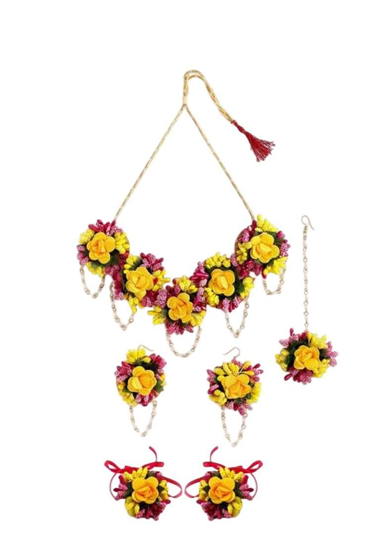 Pearls Beaded Flower Gota Patti Haldi Jewellery Set - Indya