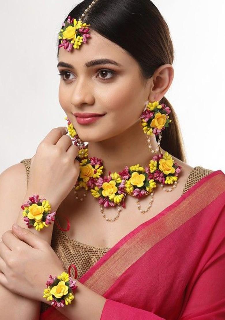 Pearls Beaded Flower Gota Patti Haldi Jewellery Set