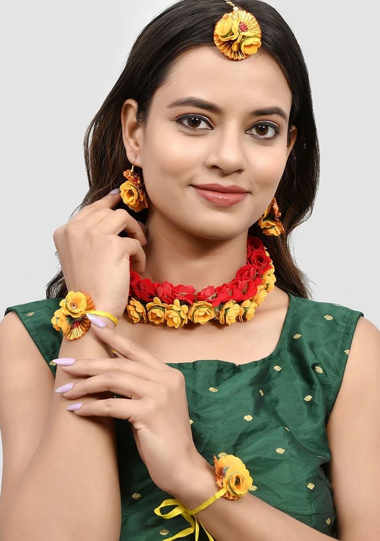 Floral Beaded Haldi And Mehendi Jewellery Set