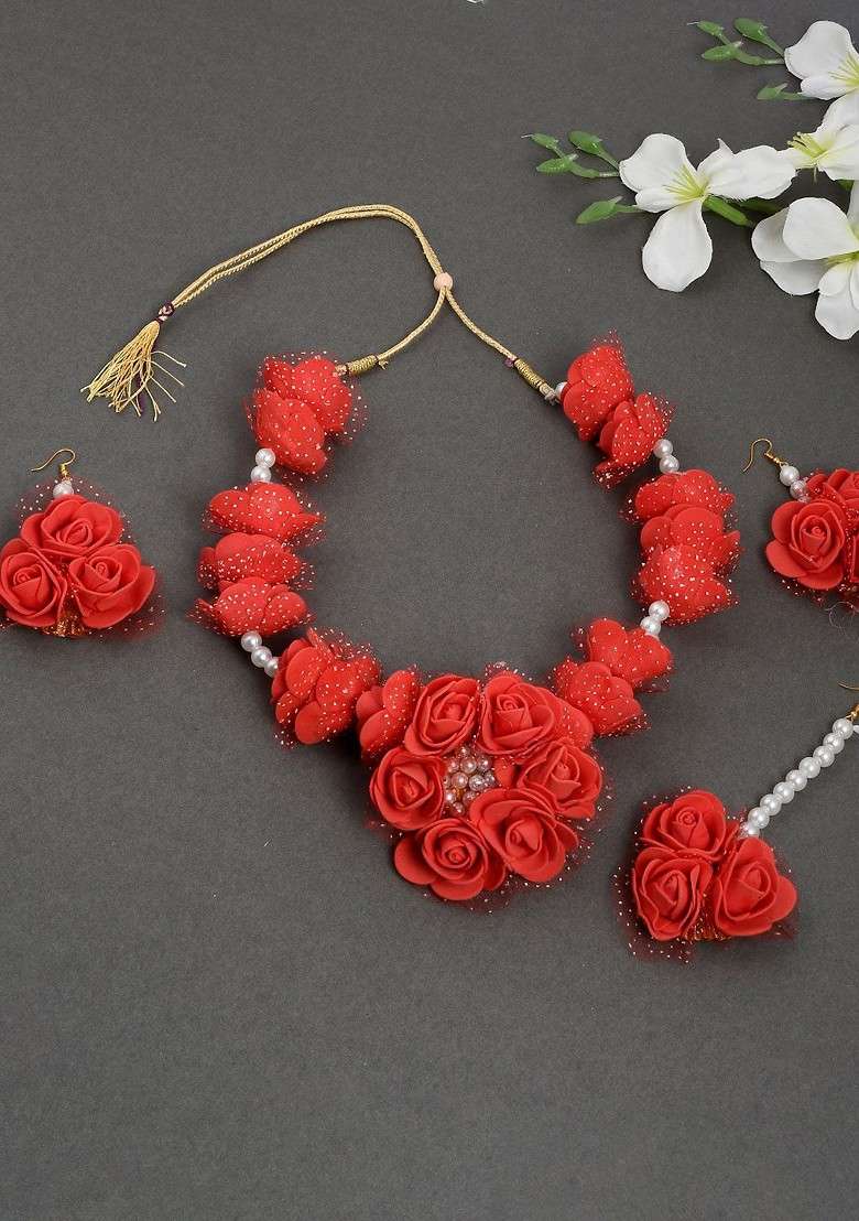 Floral Pearl Beaded Haldi And Mehendi Jewellery Set - Indya