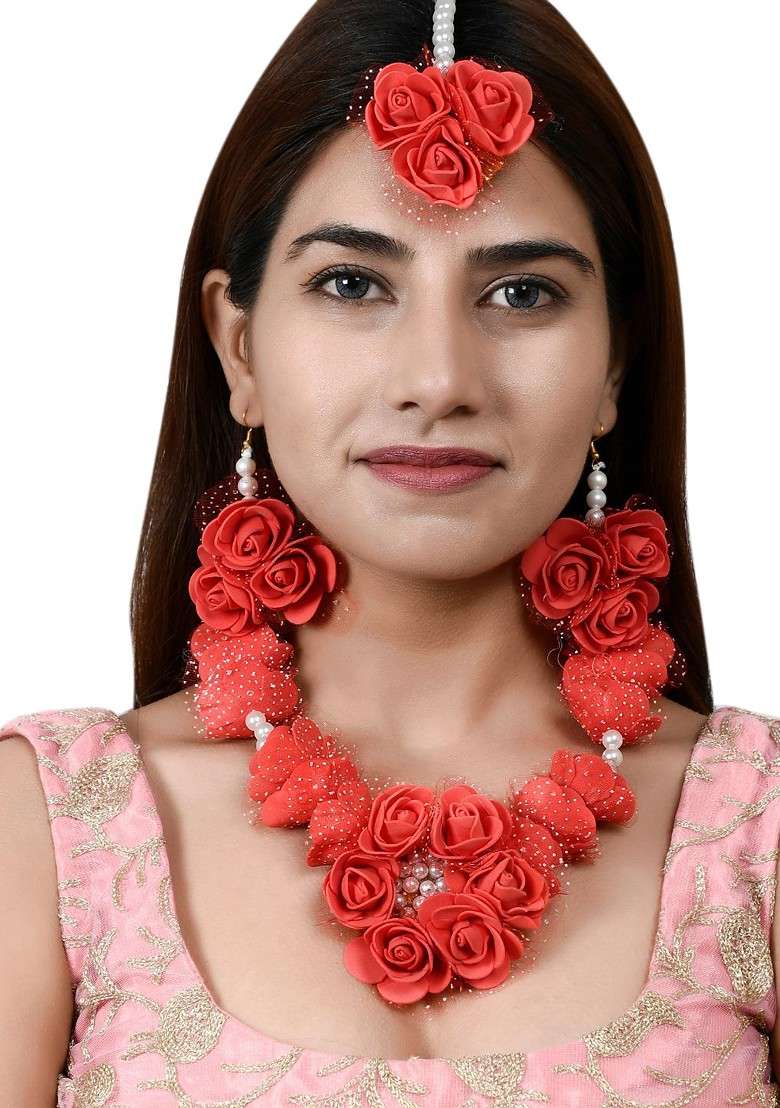 Floral Pearl Beaded Haldi And Mehendi Jewellery Set - Indya