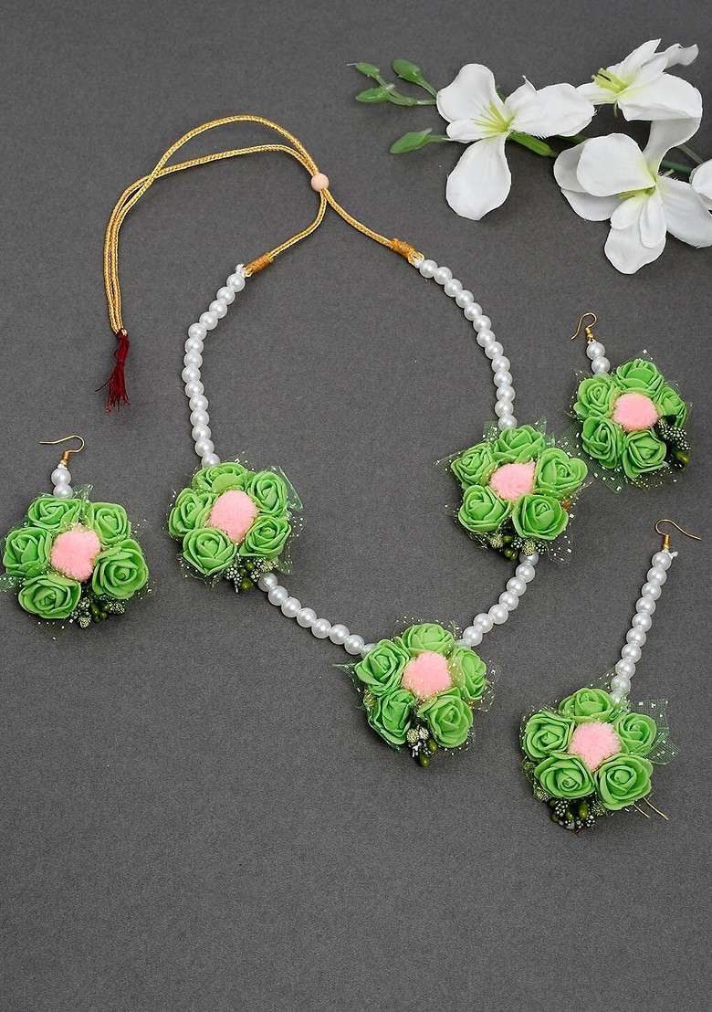Floral Pearl Beaded Haldi And Mehndi Jewellery Set - Indya