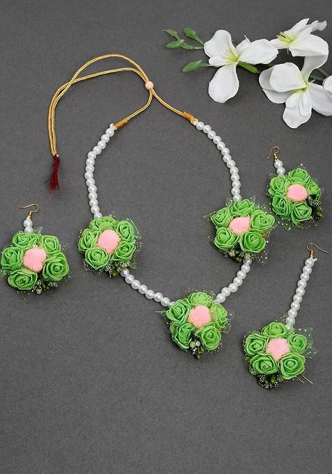 Floral Pearl Beaded Haldi And Mehndi Jewellery Set