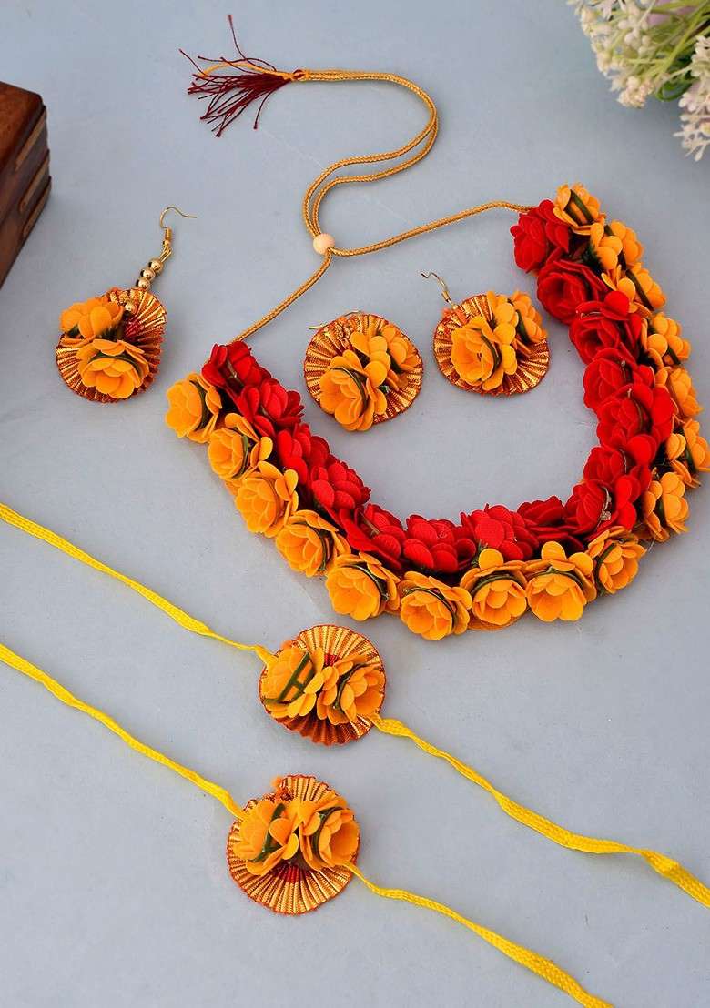 Rhodium Plated And Gold Toned Beaded Mehndi Haldi Flower Jewellery Set - Indya