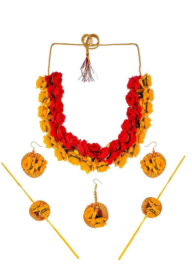 Rhodium Plated And Gold Toned Beaded Mehndi Haldi Flower Jewellery Set - Indya