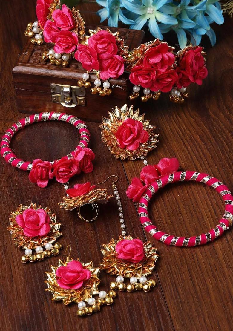 Gold Plated Floral Beaded Haldi And Mehendi Jewellery Set