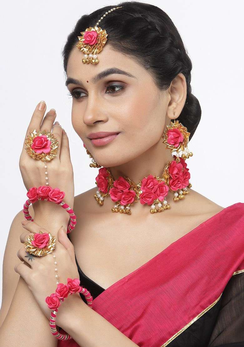 Gold Plated Floral Beaded Haldi And Mehendi Jewellery Set - Indya