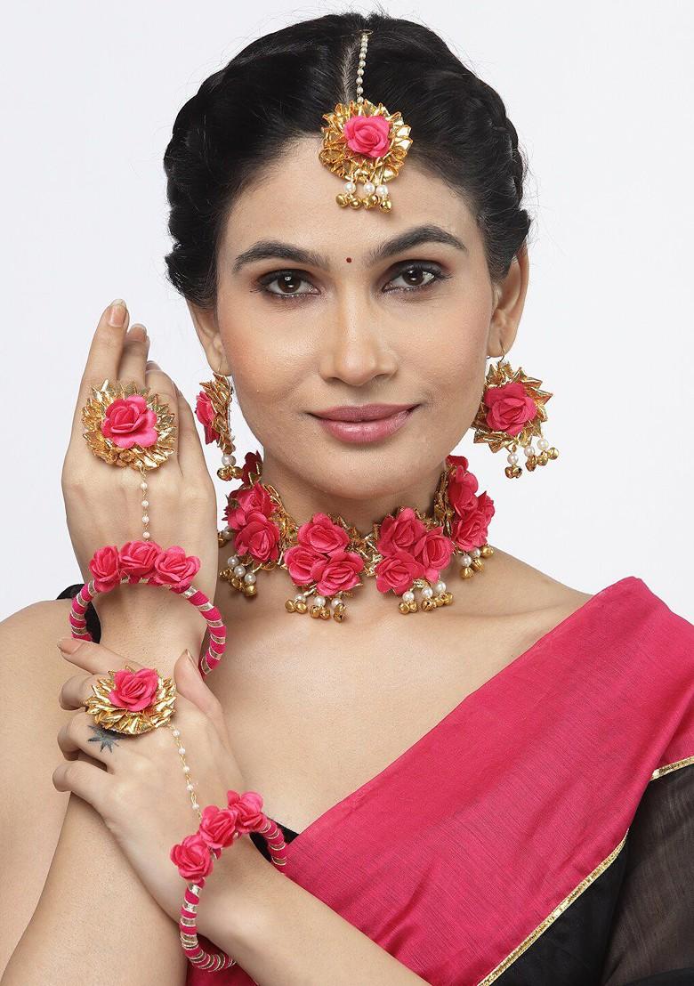 Gold Plated Floral Beaded Haldi And Mehendi Jewellery Set