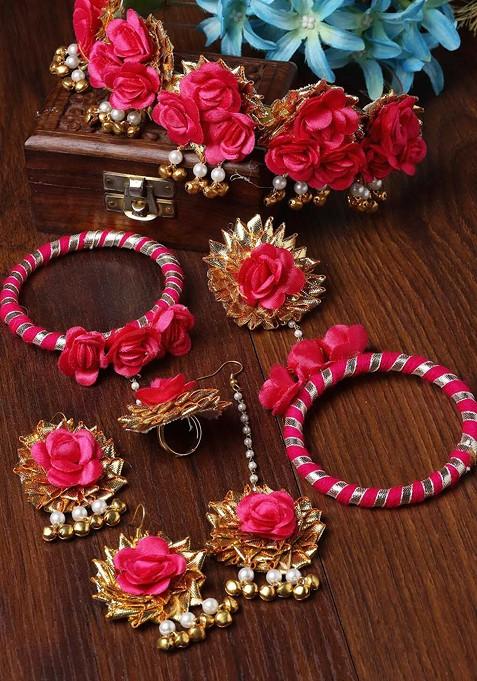 Gold Plated Floral Beaded Haldi And Mehendi Jewellery Set