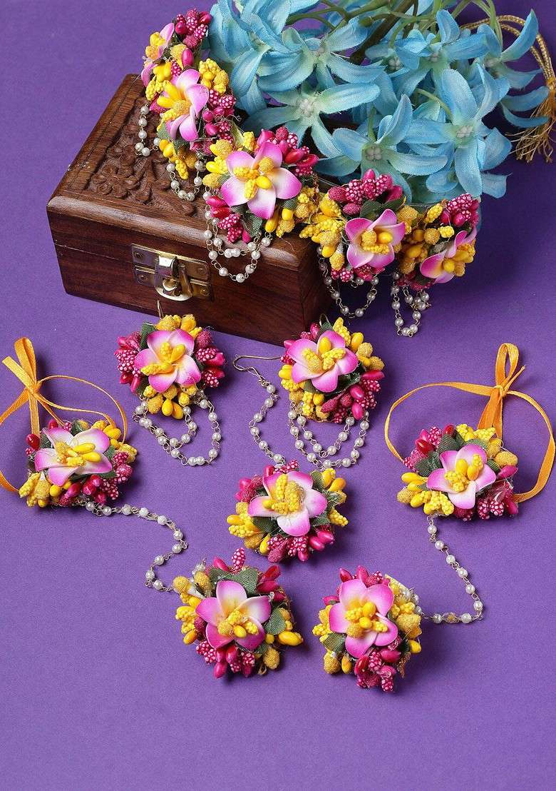 Floral Beaded Haldi And Mehendi Jewellery Set - Indya