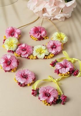 Gold Plated Beads Studded Floral Haldi And Mehendi Jewellery Set