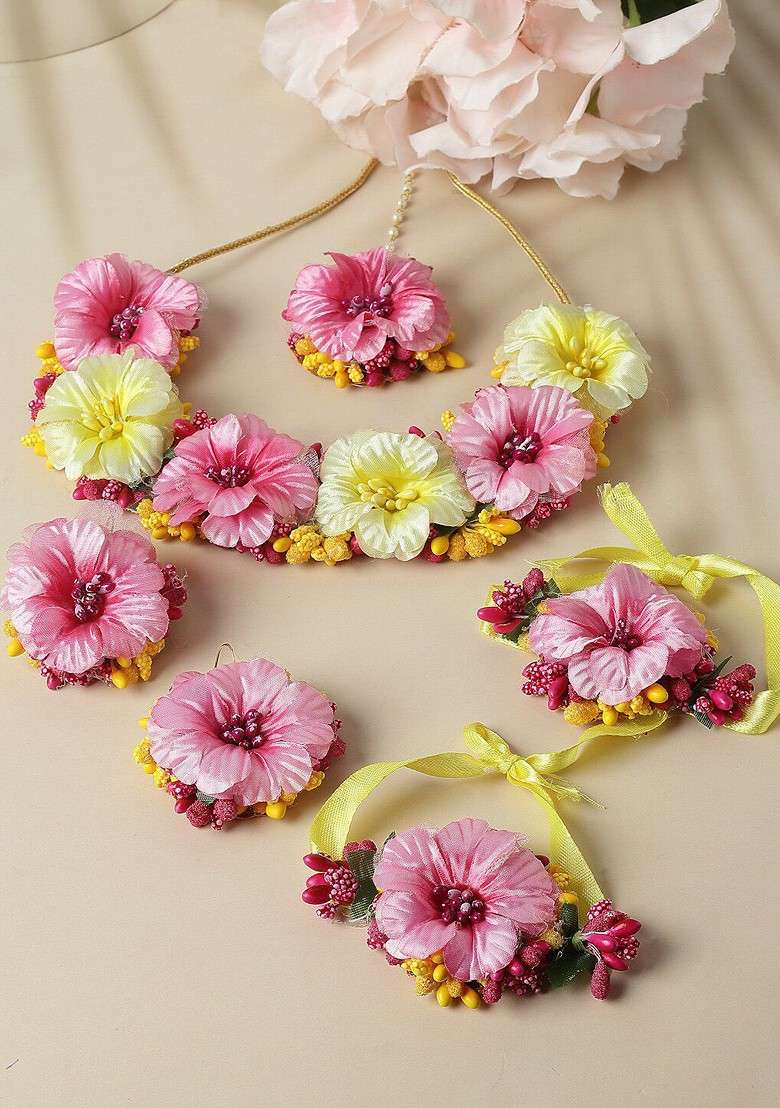 Gold Plated Beads Studded Floral Haldi And Mehendi Jewellery Set - Indya