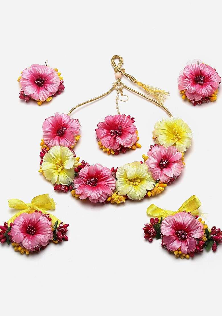 Gold Plated Beads Studded Floral Haldi And Mehendi Jewellery Set - Indya