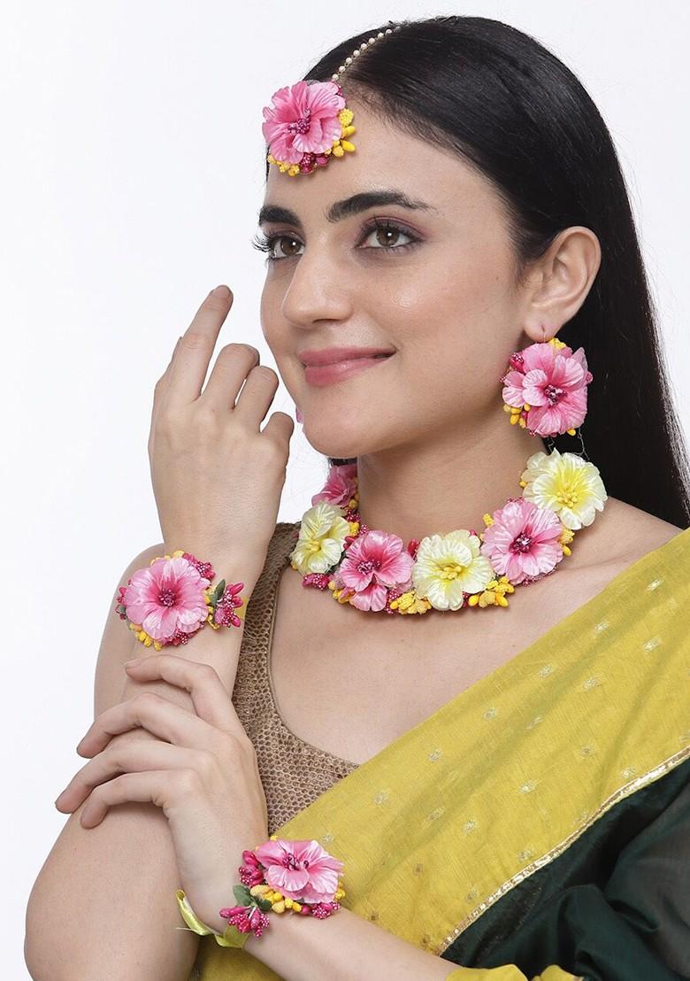 Gold Plated Beads Studded Floral Haldi And Mehendi Jewellery Set