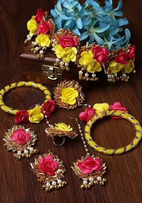 Gold Plated Floral Beaded Haldi And Mehendi Jewellery Set