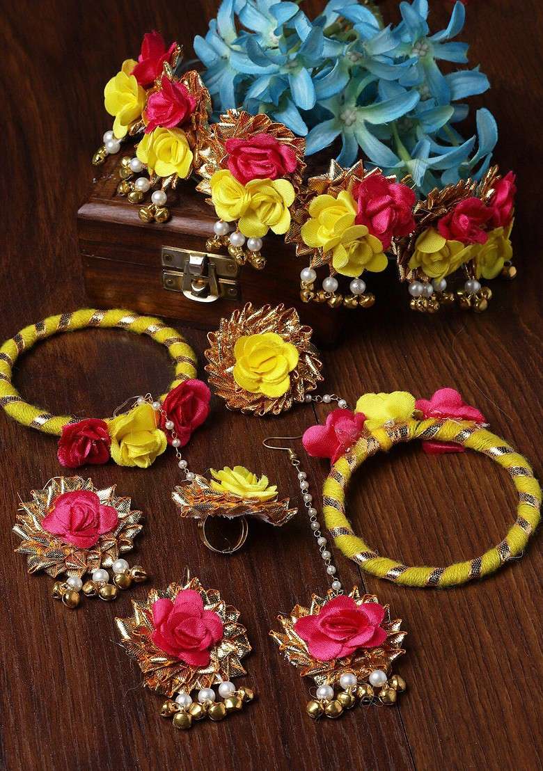 Gold Plated Floral Beaded Haldi And Mehendi Jewellery Set - Indya