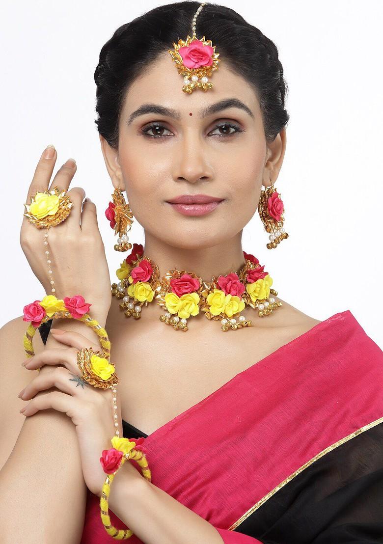Gold Plated Floral Beaded Haldi And Mehendi Jewellery Set