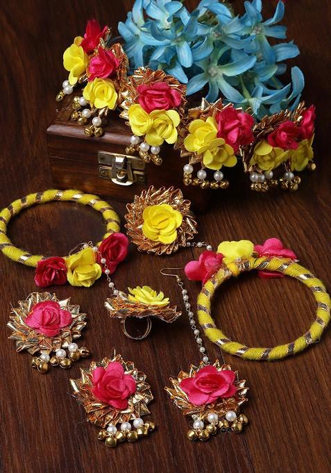 Gold Plated Floral Beaded Haldi And Mehendi Jewellery Set
