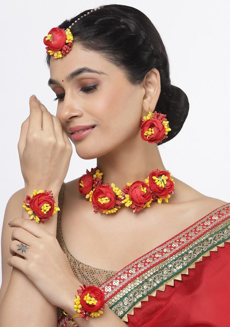 Floral Beaded Haldi And Mehendi Jewellery Set