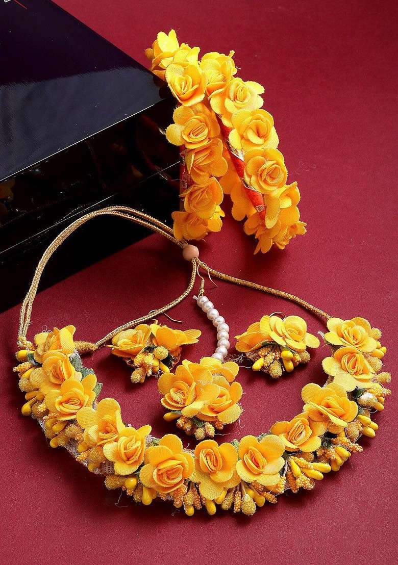 Gold Plated Yellow Floral Haldi Jewellery Set - Indya