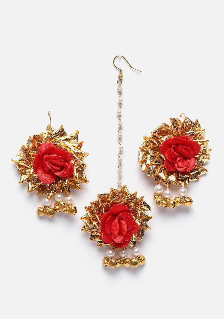 Gold Plated Floral Beaded Haldi And Mehendi Jewellery Set