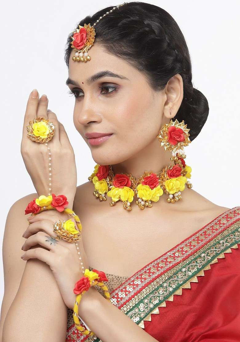Gold Plated Floral Beaded Haldi And Mehendi Jewellery Set - Indya