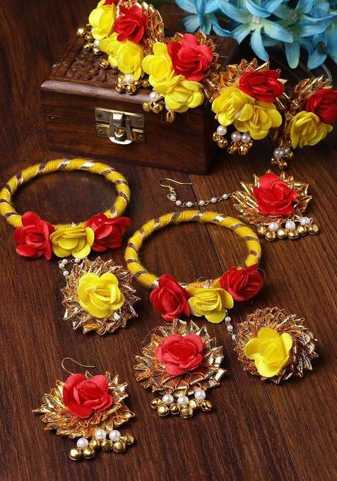 Gold Plated Floral Beaded Haldi And Mehendi Jewellery Set